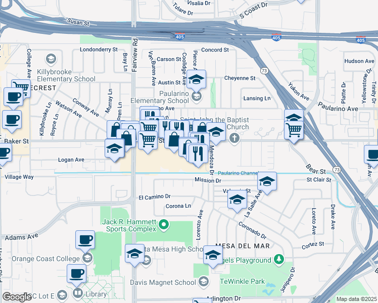 map of restaurants, bars, coffee shops, grocery stores, and more near 2991 Grace Lane in Costa Mesa