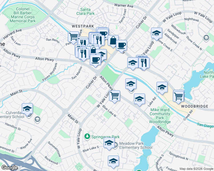 map of restaurants, bars, coffee shops, grocery stores, and more near in Irvine