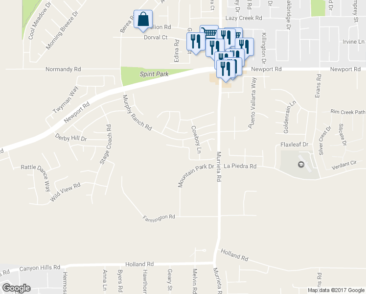 map of restaurants, bars, coffee shops, grocery stores, and more near 25822 Wilderness Way in Menifee