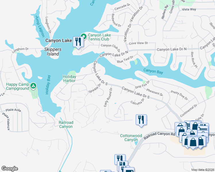 map of restaurants, bars, coffee shops, grocery stores, and more near 22551 Canyon Lake Drive South in Canyon Lake