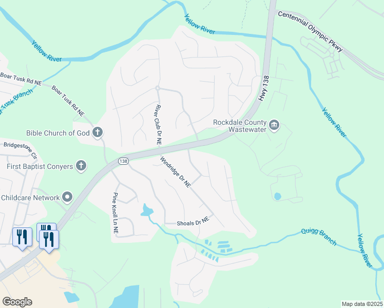 map of restaurants, bars, coffee shops, grocery stores, and more near 1402 Chelsea Downs Lane Northeast in Conyers