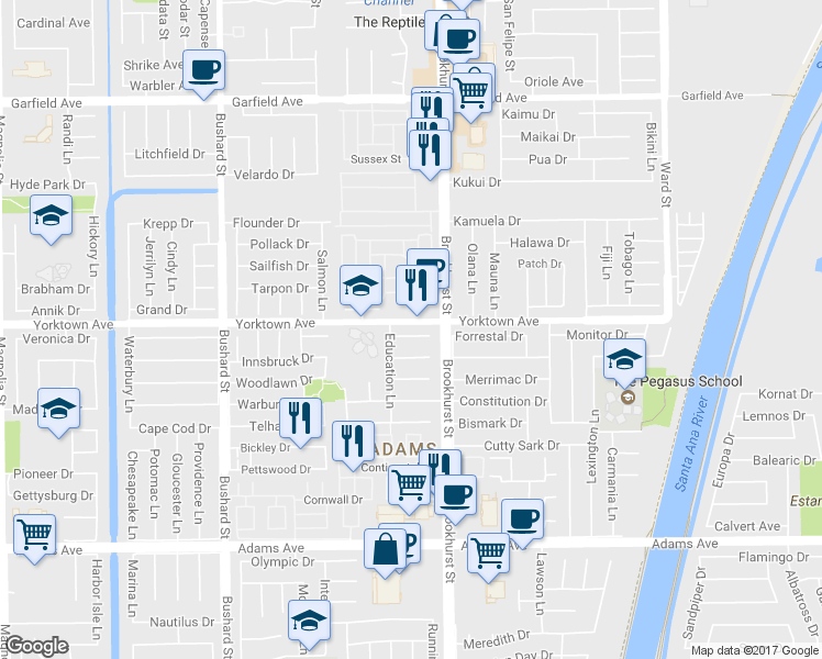 map of restaurants, bars, coffee shops, grocery stores, and more near 9891 Frederick Circle in Huntington Beach