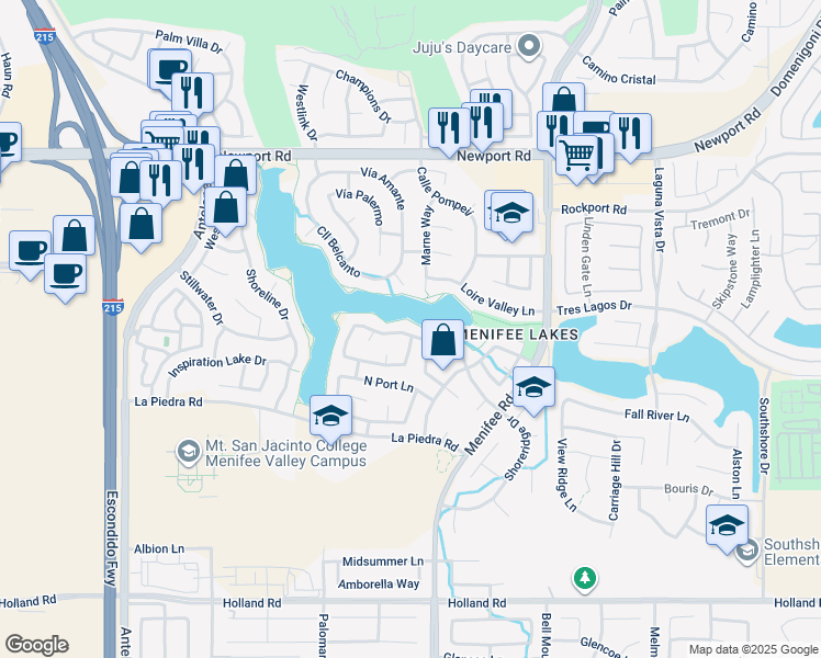 map of restaurants, bars, coffee shops, grocery stores, and more near 28664 Bridge Water Lane in Menifee