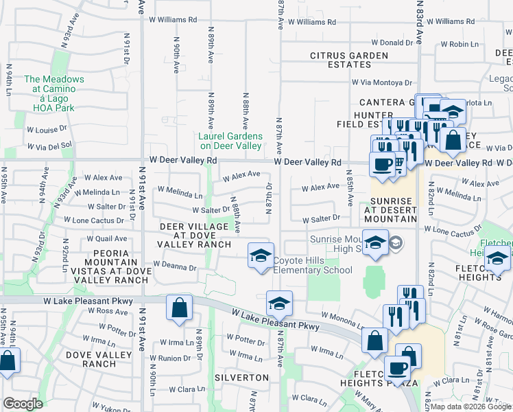 map of restaurants, bars, coffee shops, grocery stores, and more near 8752 West Salter Drive in Peoria