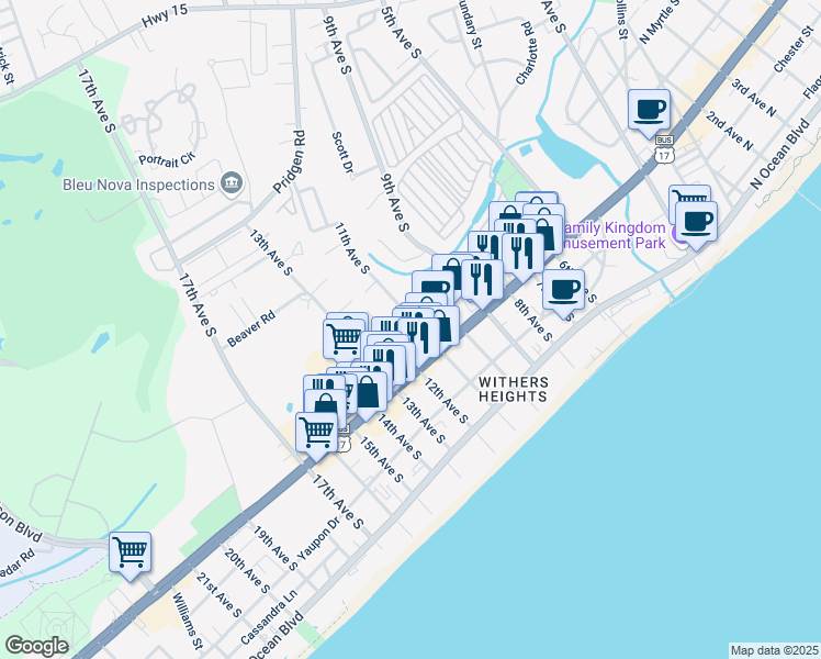map of restaurants, bars, coffee shops, grocery stores, and more near 546 12th Avenue South in Myrtle Beach