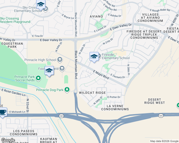 map of restaurants, bars, coffee shops, grocery stores, and more near 3658 East Covey Lane in Phoenix