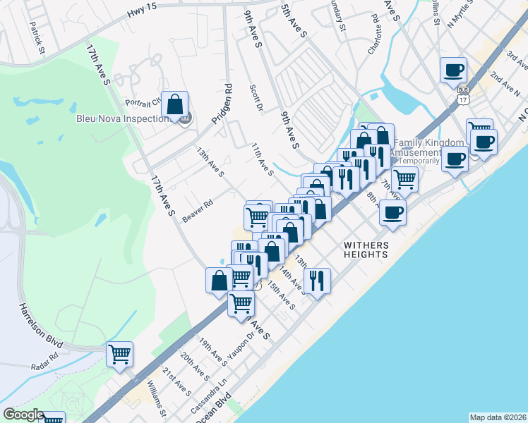 map of restaurants, bars, coffee shops, grocery stores, and more near 610 13th Avenue South in Myrtle Beach