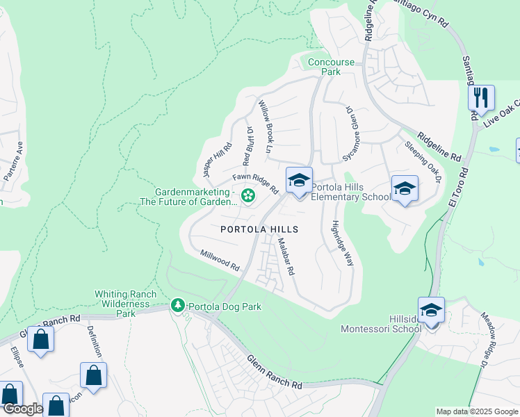 map of restaurants, bars, coffee shops, grocery stores, and more near 28468 Klondike Drive in Trabuco Canyon