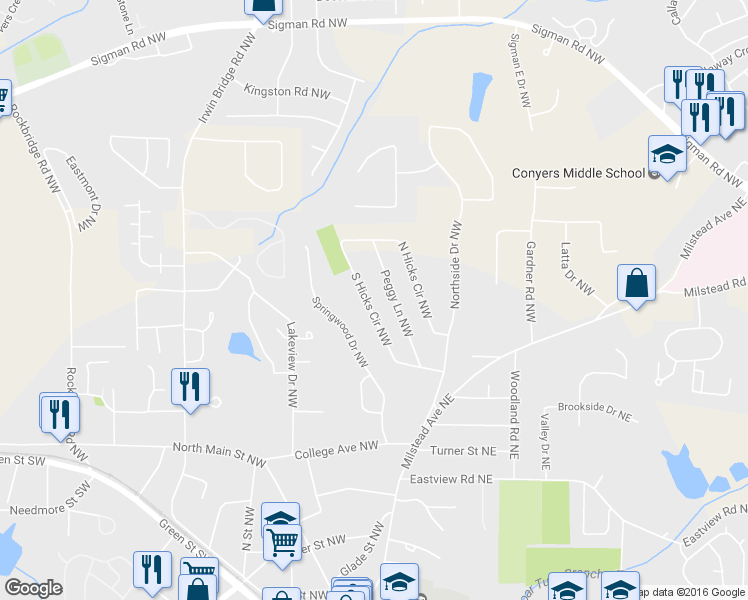 map of restaurants, bars, coffee shops, grocery stores, and more near 1345 South Hicks Circle Northwest in Conyers
