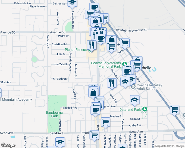 map of restaurants, bars, coffee shops, grocery stores, and more near 50905 Suncrest Street in Coachella