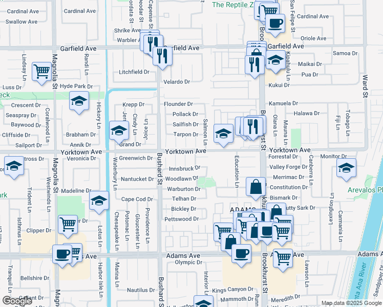 map of restaurants, bars, coffee shops, grocery stores, and more near 19511 Rockland Lane in Huntington Beach