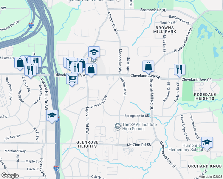 map of restaurants, bars, coffee shops, grocery stores, and more near 2770 Waters Road Southwest in Atlanta