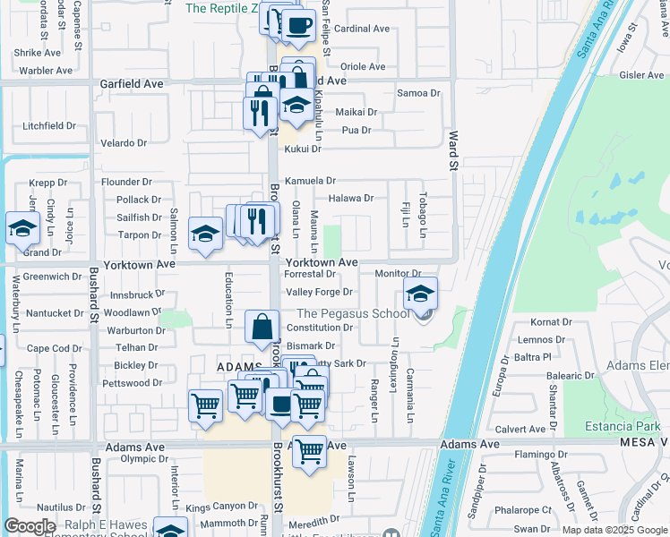 map of restaurants, bars, coffee shops, grocery stores, and more near 10161 Forrestal Drive in Huntington Beach