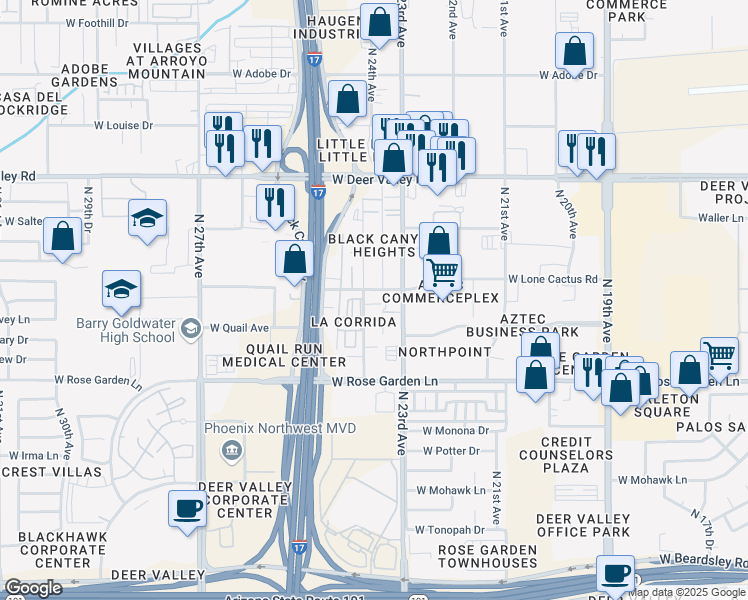 map of restaurants, bars, coffee shops, grocery stores, and more near 21239 North 24th Avenue in Phoenix