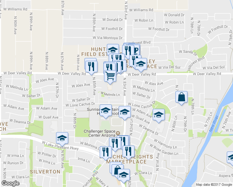 map of restaurants, bars, coffee shops, grocery stores, and more near 8370 West Melinda Lane in Peoria
