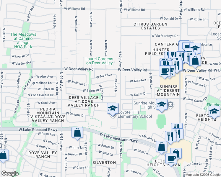 map of restaurants, bars, coffee shops, grocery stores, and more near 8752 West Salter Drive in Peoria