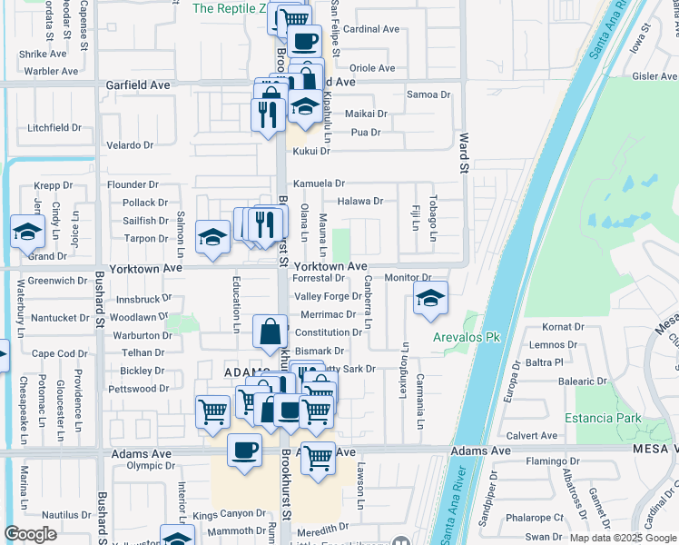 map of restaurants, bars, coffee shops, grocery stores, and more near 10161 Forrestal Drive in Huntington Beach