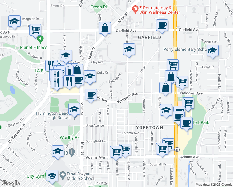 map of restaurants, bars, coffee shops, grocery stores, and more near 19601 Ranch Lane in Huntington Beach