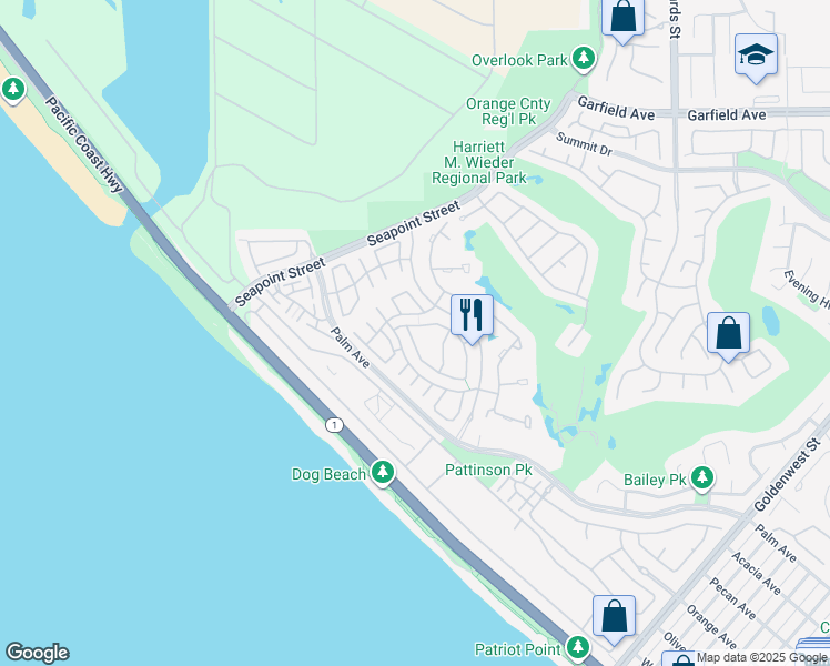 map of restaurants, bars, coffee shops, grocery stores, and more near 6112 Greenbrier Drive in Huntington Beach