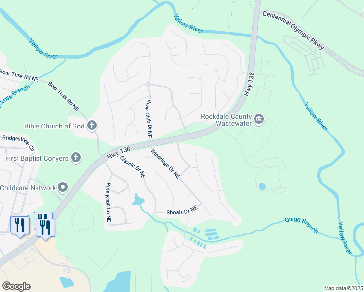 map of restaurants, bars, coffee shops, grocery stores, and more near 1402 Chelsea Downs Lane Northeast in Conyers