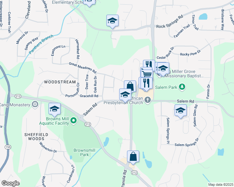map of restaurants, bars, coffee shops, grocery stores, and more near 3512 Valley Chase Court in Stonecrest