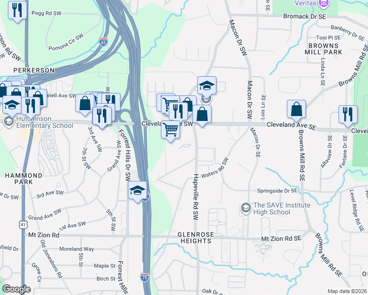 map of restaurants, bars, coffee shops, grocery stores, and more near 2745 Old Hapeville Road Southwest in Atlanta