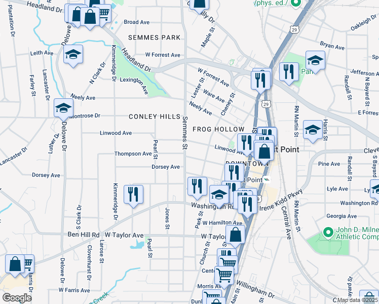 map of restaurants, bars, coffee shops, grocery stores, and more near 1783 Thompson Avenue in East Point