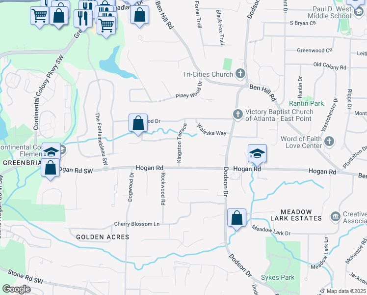 map of restaurants, bars, coffee shops, grocery stores, and more near 2800 Kingston Terrace in East Point