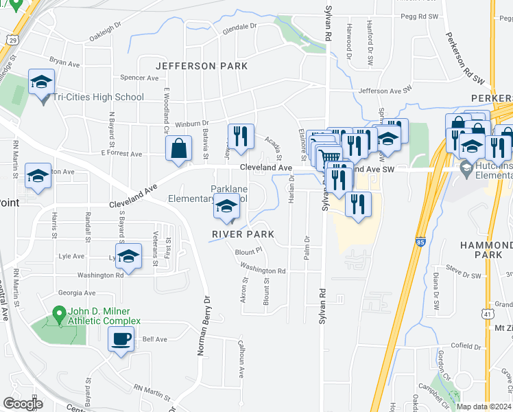 map of restaurants, bars, coffee shops, grocery stores, and more near 2789 Miles Circle in East Point