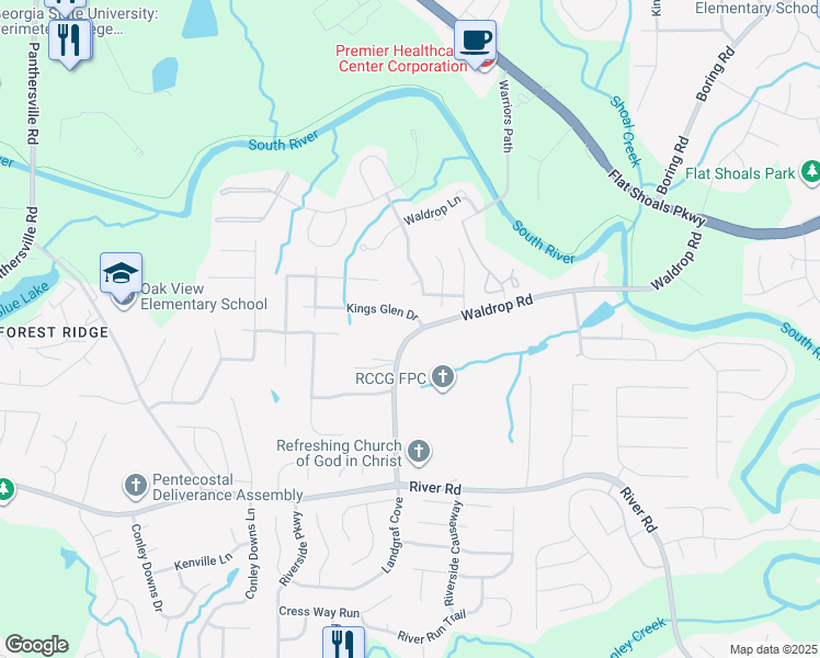 map of restaurants, bars, coffee shops, grocery stores, and more near 3737 Waldrop Road in Decatur