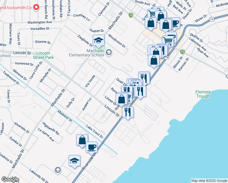 map of restaurants, bars, coffee shops, grocery stores, and more near 3641 Raven Drive in Lake Elsinore