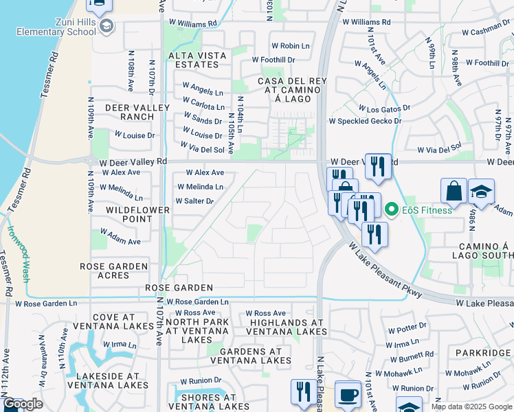 map of restaurants, bars, coffee shops, grocery stores, and more near 10445 West Salter Drive in Peoria