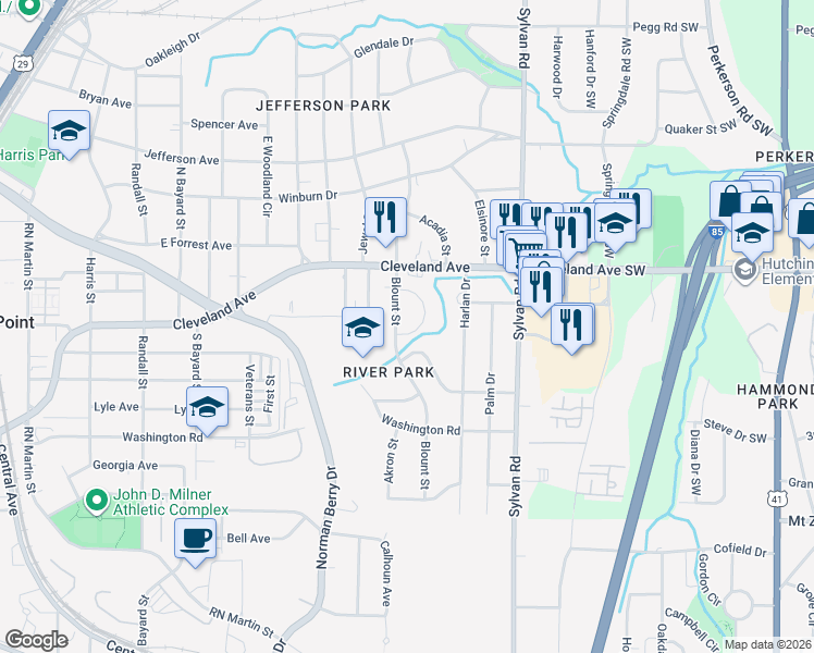 map of restaurants, bars, coffee shops, grocery stores, and more near 2791 Miles Circle in East Point