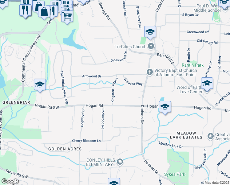 map of restaurants, bars, coffee shops, grocery stores, and more near 2800 Kingston Terrace in East Point