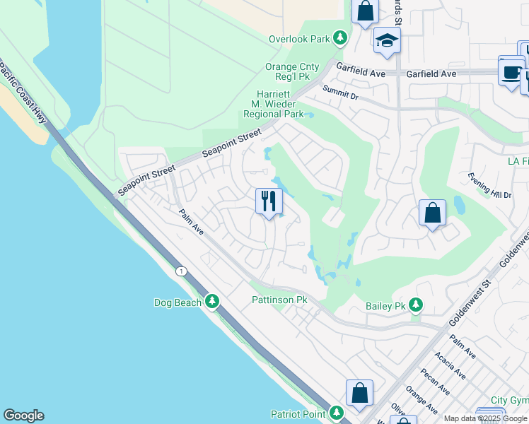 map of restaurants, bars, coffee shops, grocery stores, and more near 6185 Greenbrier Drive in Huntington Beach