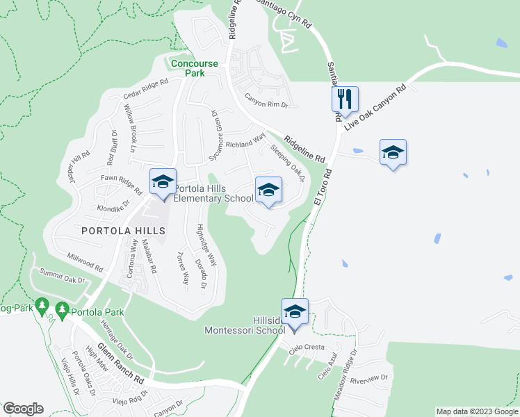 map of restaurants, bars, coffee shops, grocery stores, and more near 28972 Canyon Vista Drive in Trabuco Canyon