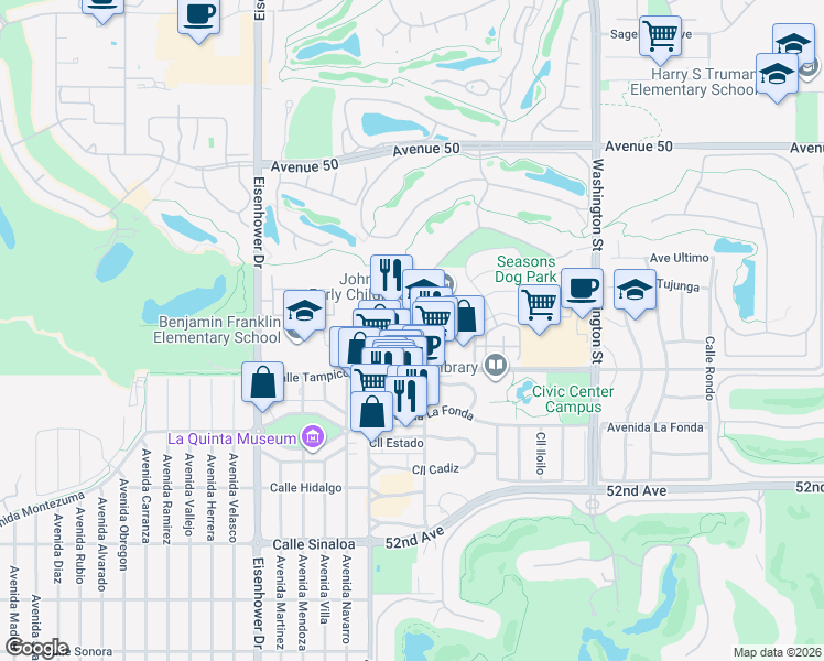 map of restaurants, bars, coffee shops, grocery stores, and more near 50730 Santa Rosa Plaza in La Quinta