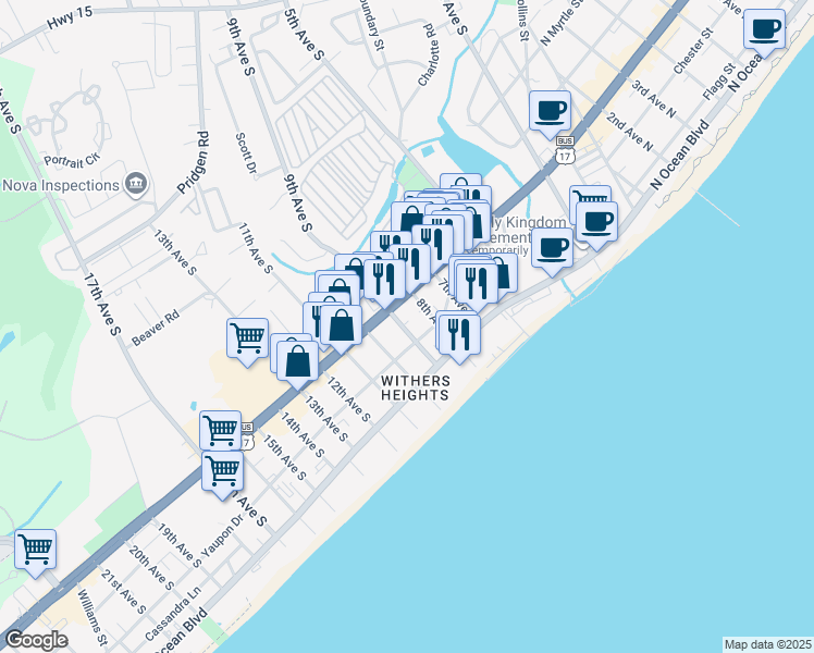 map of restaurants, bars, coffee shops, grocery stores, and more near 406 9th Avenue South in Myrtle Beach