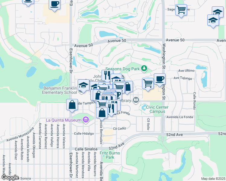 map of restaurants, bars, coffee shops, grocery stores, and more near 50750 Santa Rosa Plaza in La Quinta