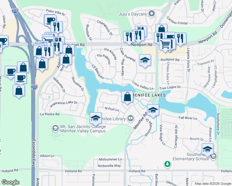map of restaurants, bars, coffee shops, grocery stores, and more near 28652 Bridge Water Lane in Menifee