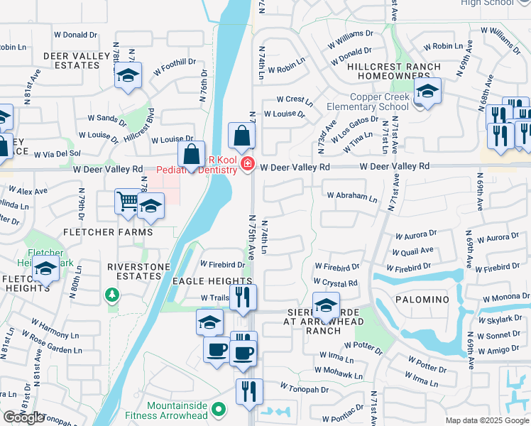 map of restaurants, bars, coffee shops, grocery stores, and more near 7476 West Lone Cactus Drive in Glendale