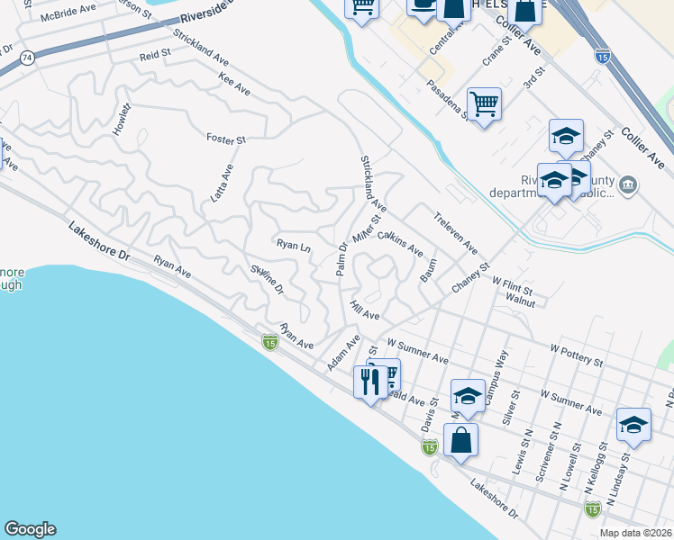map of restaurants, bars, coffee shops, grocery stores, and more near Palm Drive in Lake Elsinore
