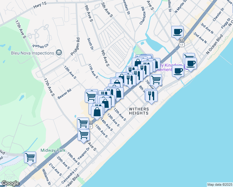 map of restaurants, bars, coffee shops, grocery stores, and more near 1012 South Kings Highway in Myrtle Beach
