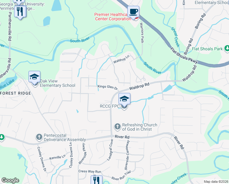 map of restaurants, bars, coffee shops, grocery stores, and more near 3737 Waldrop Road in Decatur