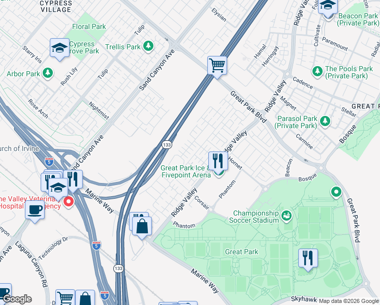 map of restaurants, bars, coffee shops, grocery stores, and more near 370 Floral View in Irvine