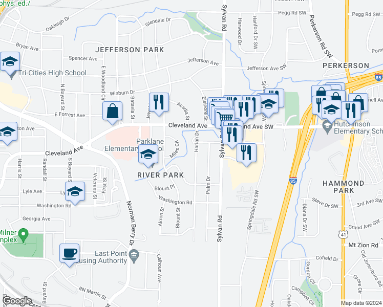 map of restaurants, bars, coffee shops, grocery stores, and more near 2773 Harlan Drive in Atlanta