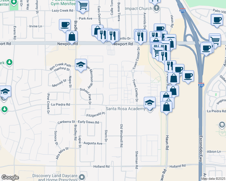 map of restaurants, bars, coffee shops, grocery stores, and more near 27307 Chase Road in Menifee