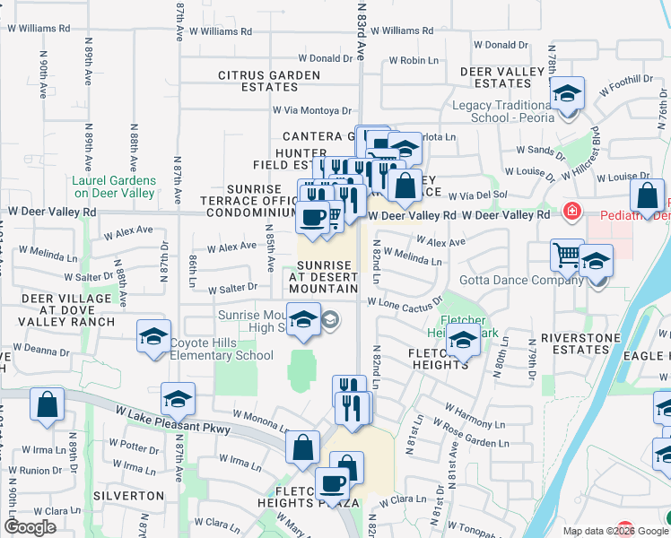 map of restaurants, bars, coffee shops, grocery stores, and more near 8370 West Melinda Lane in Peoria