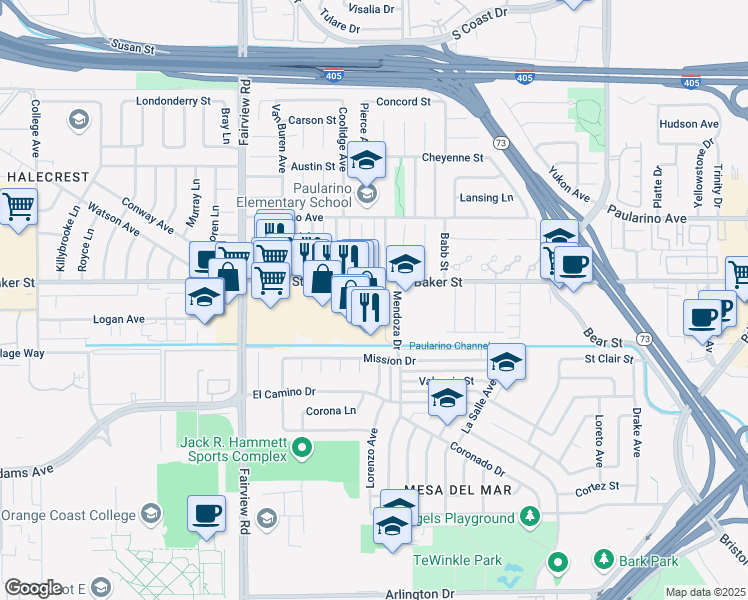 map of restaurants, bars, coffee shops, grocery stores, and more near 2977 Mendoza Drive in Costa Mesa