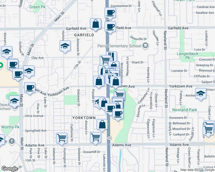 map of restaurants, bars, coffee shops, grocery stores, and more near 7714 Yorktown Avenue in Huntington Beach